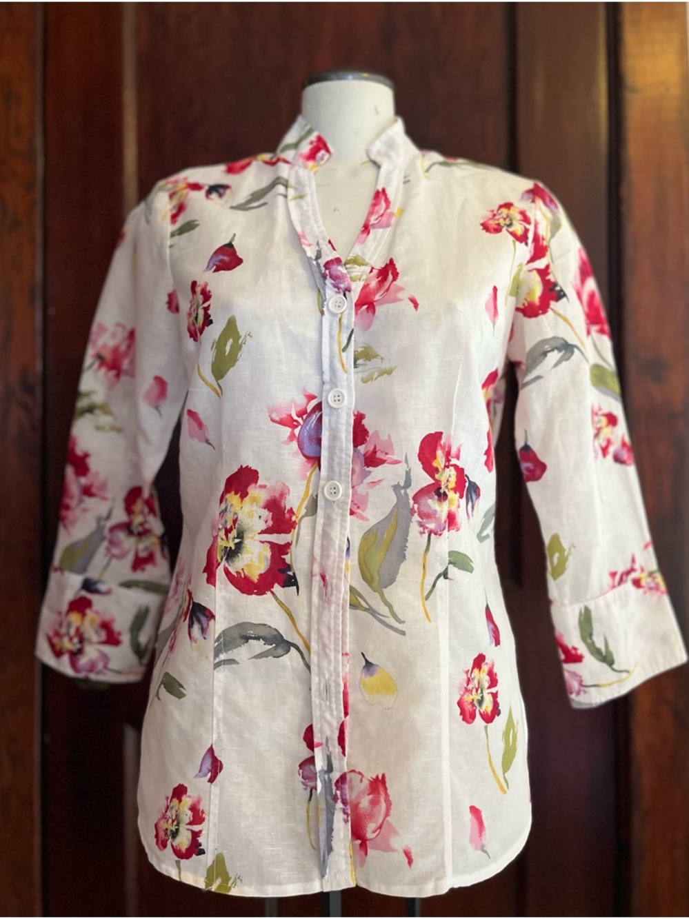 Harve Bénard White Floral Linen Button-up Blouse - Size Medium